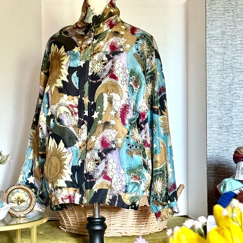 SILK CELESTIAL JACKET VTG 1980’s TRACK JACKET MOON SUN STARS OOAK SMALL